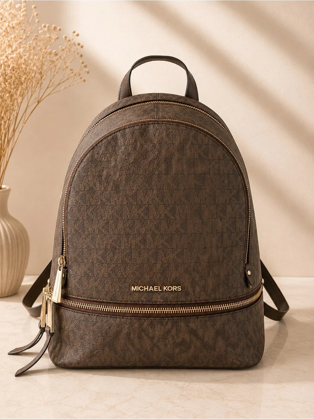 Michael Kors Jaycee Brown MK Signature Backpack Gold Hardware Travel Bookbag